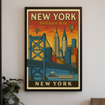 New York Empire State Skyline Bridge Vintage Poster