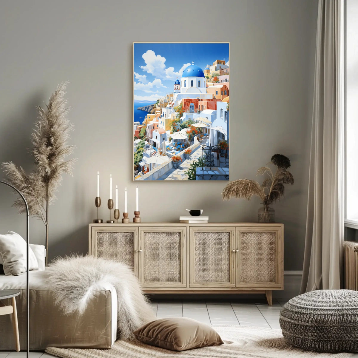 Santorini White and Blue Coastal Scene Travel Poster