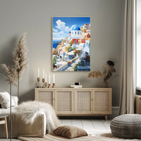 Santorini White and Blue Coastal Scene Travel Poster