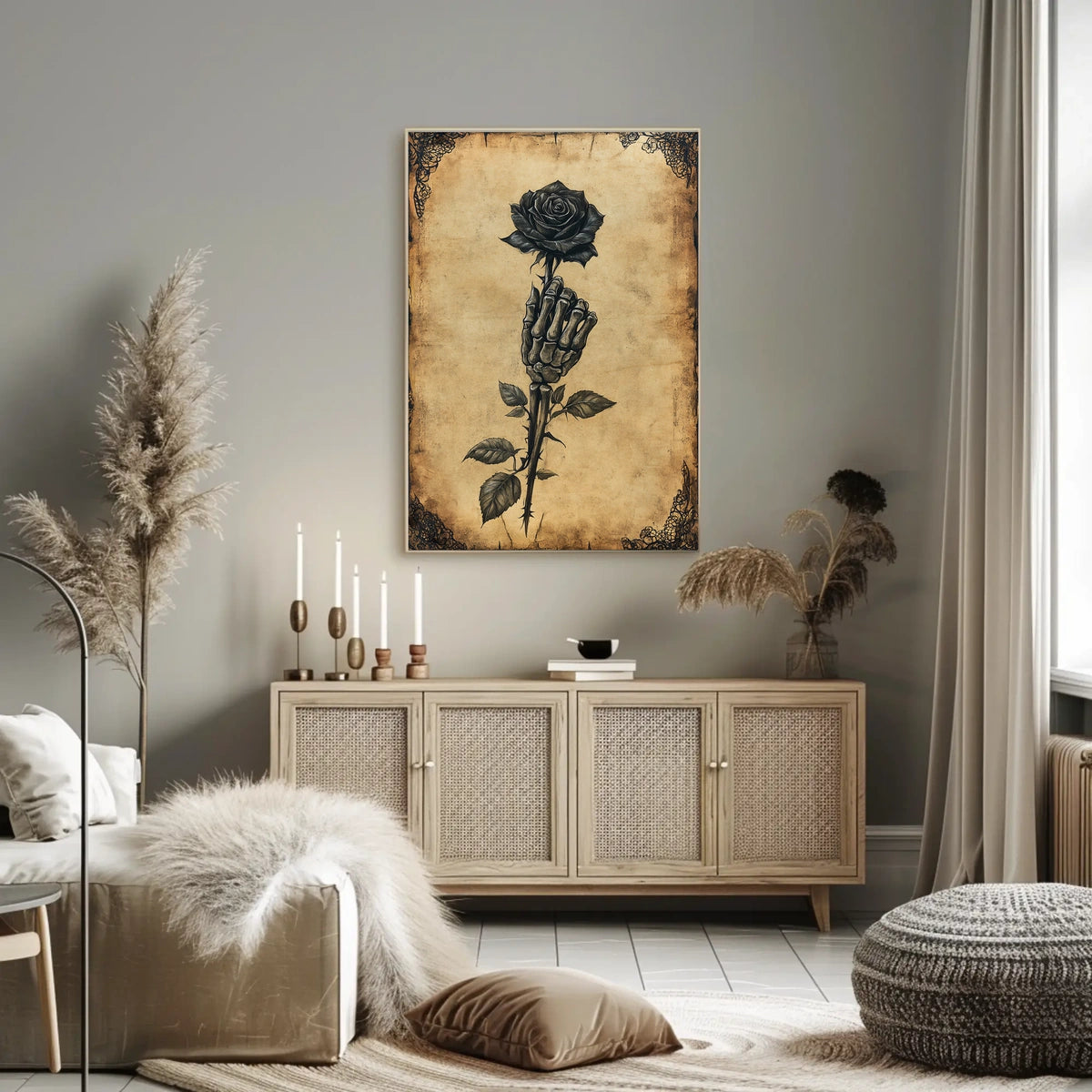 Gothic Skeletal Hand and Black Rose Artistic Poster