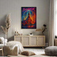 This vibrant poster art depicts an iconic temple in Bangkok, Thailand, likely the Travel Poster