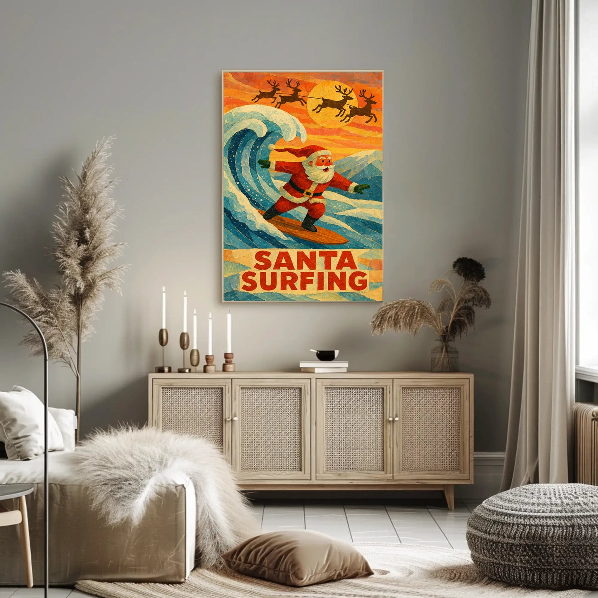Santa Surfing Vintage Holiday Beach Art Poster