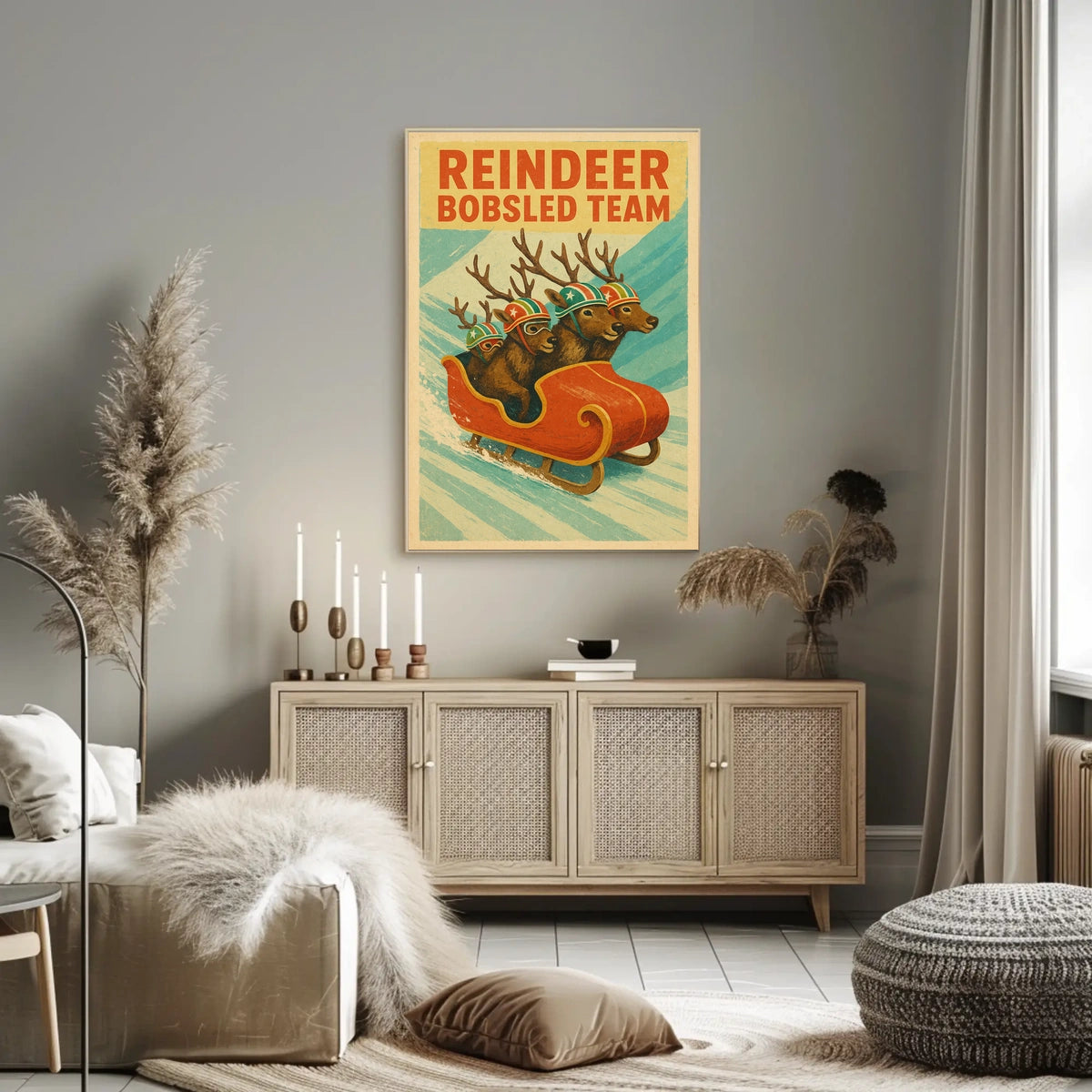 Whimsical Reindeer Sledding Vintage Sports Poster