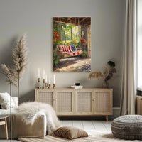 rustic porch swing draped with an American flag Poster