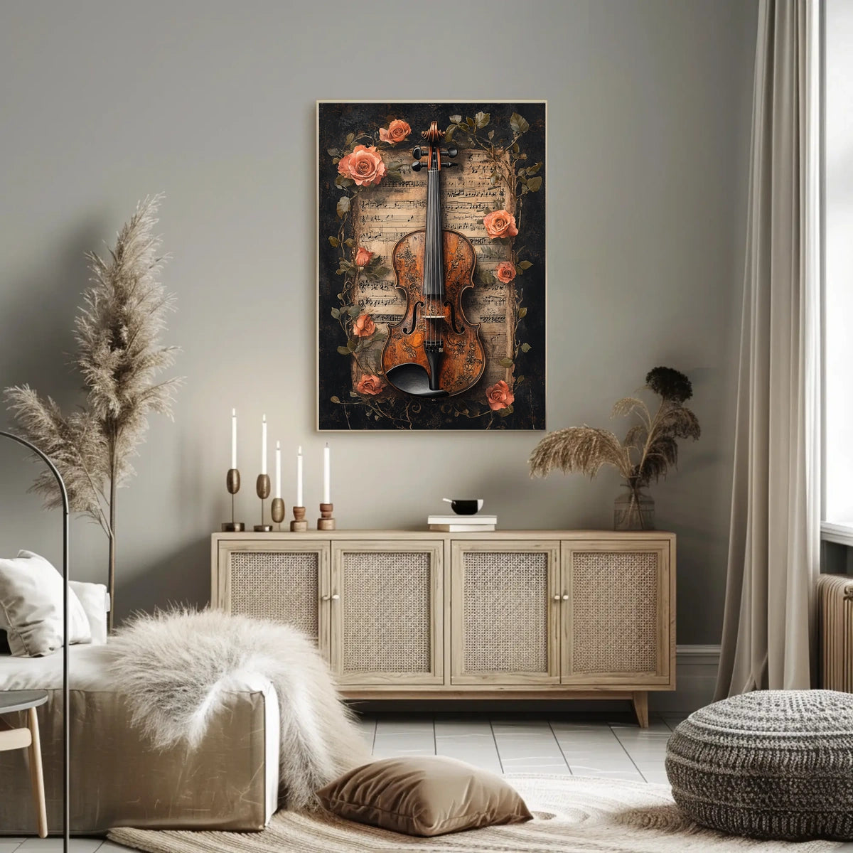Elegant Violin and Roses Art Print for Artistic Poster