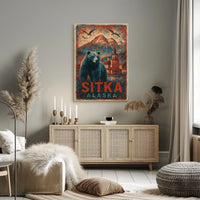 Sitka Alaska Travel Vintage Bear Foreground Snowcapped Mountains Church Heritage Art Deco Retro Eighties Poster