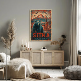 Sitka Alaska Travel Vintage Bear Foreground Snowcapped Mountains Church Heritage Art Deco Retro Eighties Poster