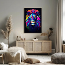 Vibrant Lion Portrait in Abstract, Artistic, or Pop Culture Poster