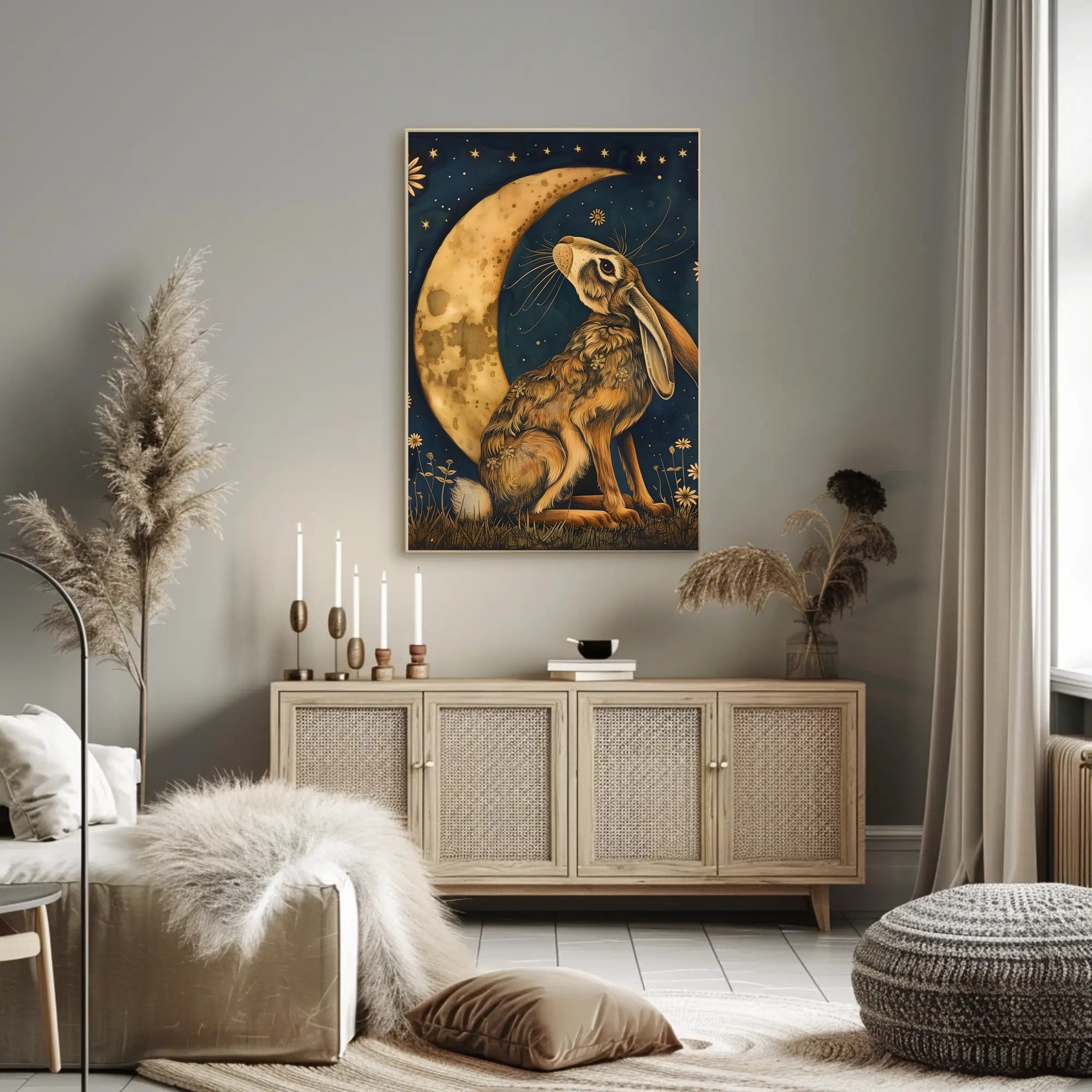 Moonlit Hare Fantasy: Whimsical Animal Nighttime Poster
