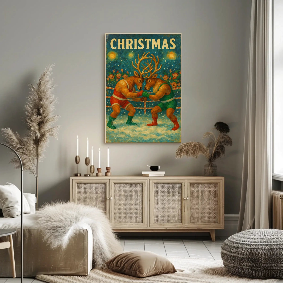 Festive Boxing Reindeer Christmas Whimsical Animal Poster