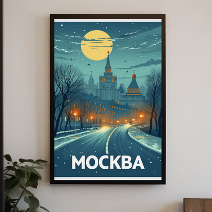 Moscow Russia Winter Night Skyline Travel Poster