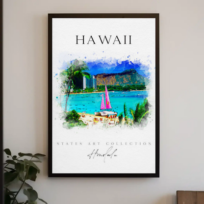 Hawaii Honolulu Sailboat Watercolor Skyline Poster