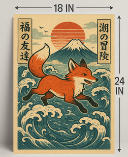 Fox Adventure in Japanese Waves Poster PosterGoat