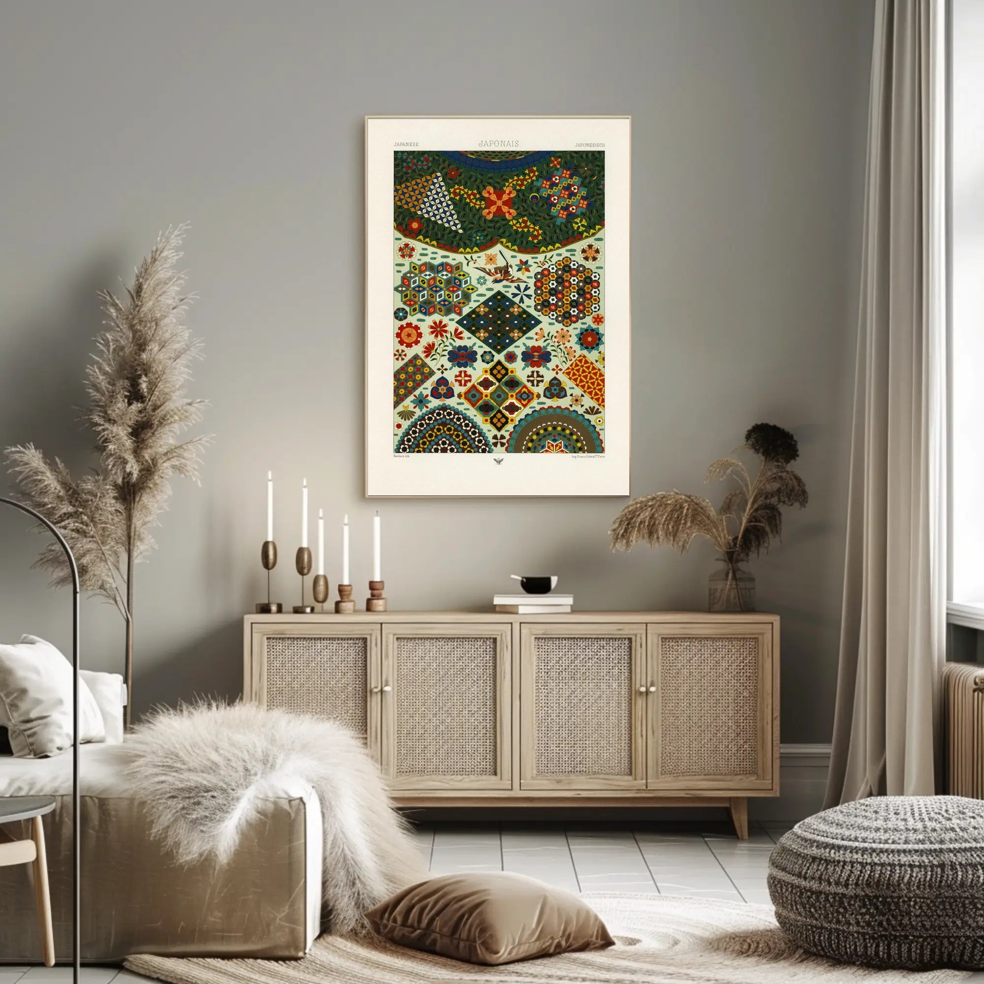 Japanese Pattern Harmony: Vibrant Geometrical and Floral Tapestry Poster