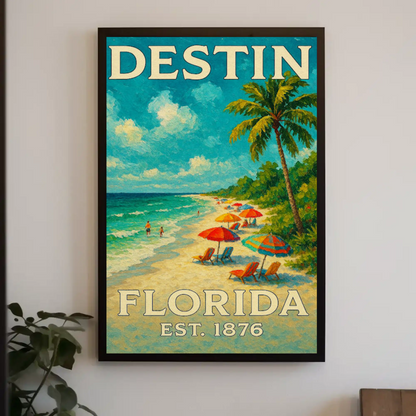 Destin Florida Palm Umbrella Beach Travel Poster