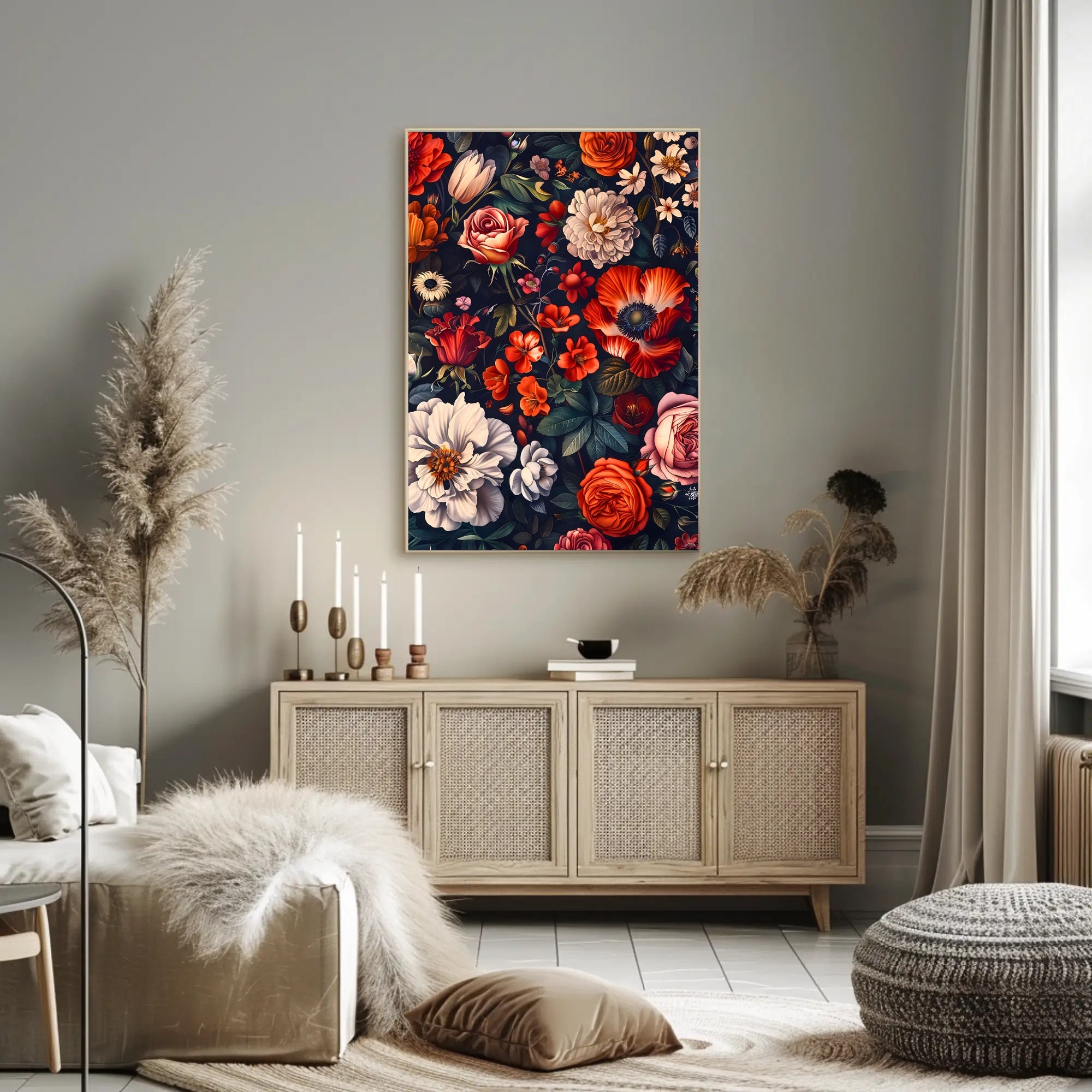 Floral Symphony Against Darkness: Artistic Poster