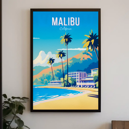 Malibu California Palm Trees Beach Hotel Hills Travel Poster