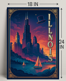 Chicago Cityscape Vintage Art Deco Travel Poster