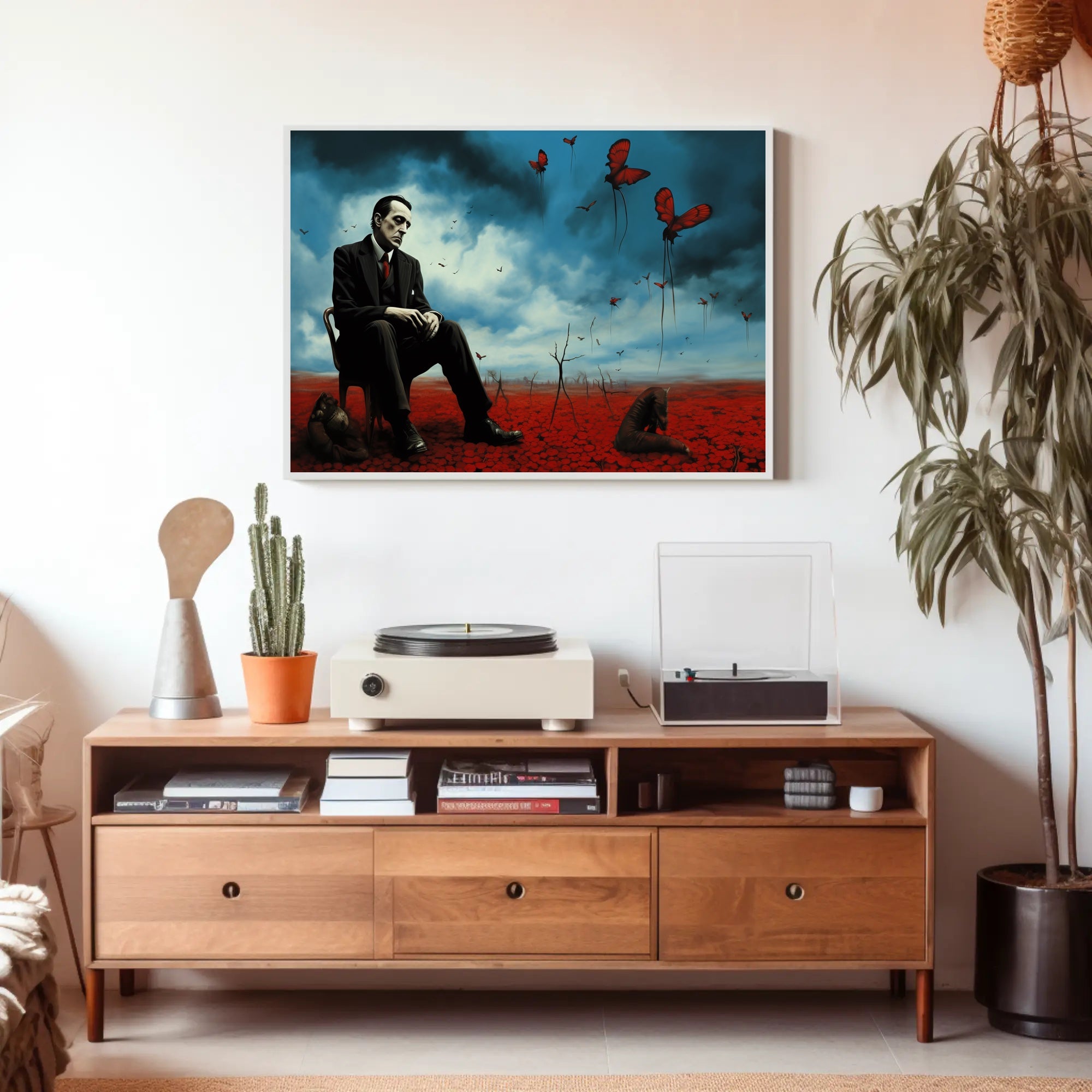 Contemplative Surrealism in Barren Landscape Artistic Poster