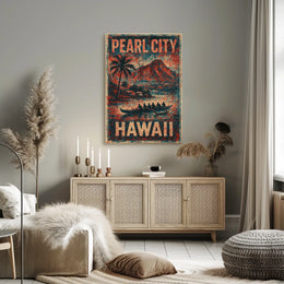 Pearl City Hawaii Nostalgic Cultural Heritage Travel Landscape Watercolor Vintage Retro Poster
