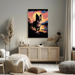 Running Dog at Sunset Shoreline Animal Poster