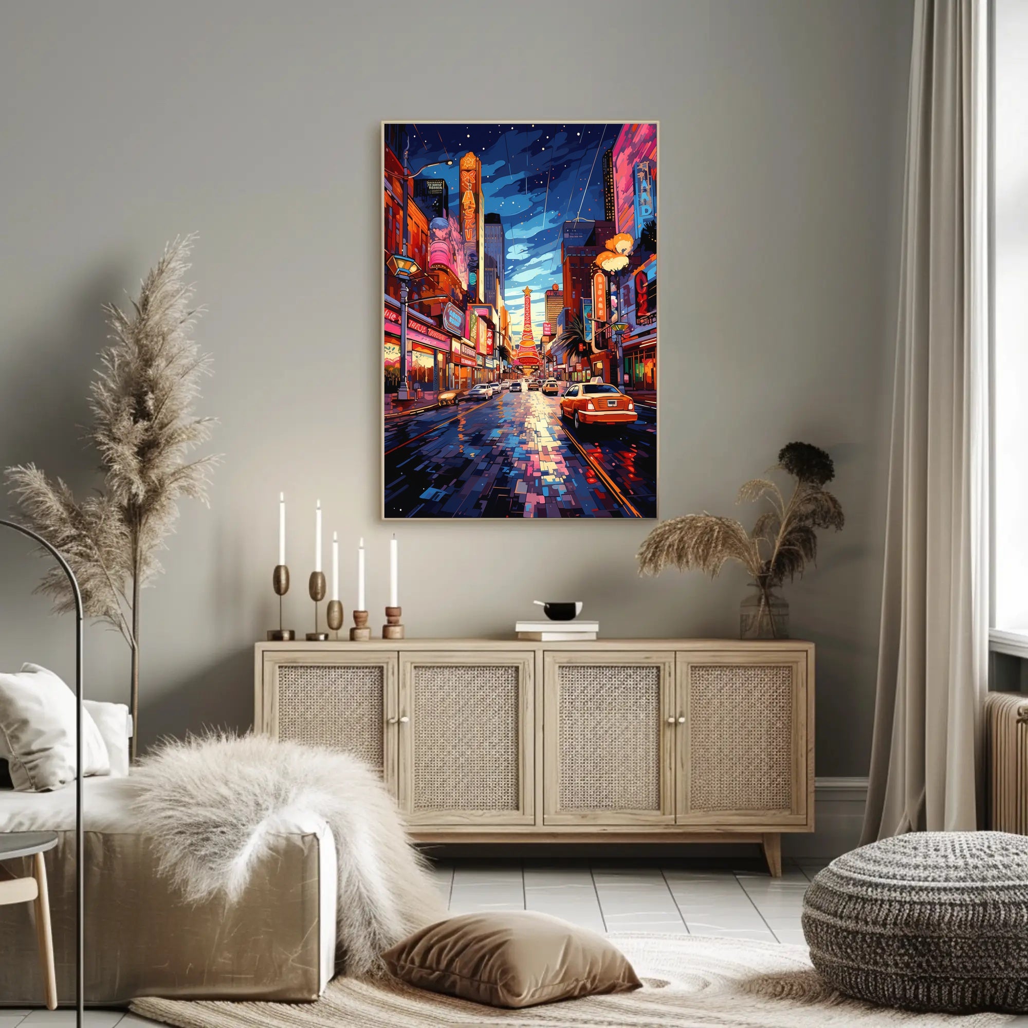 Vibrant Neon Nightlife Urban Cityscape Artistic Poster