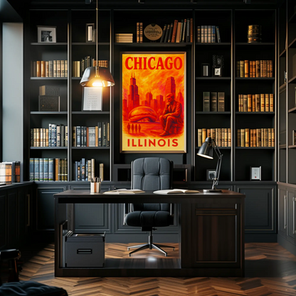 Chicago Skyline Bean Statue Modern Red Vintage Travel Poster Wall Art