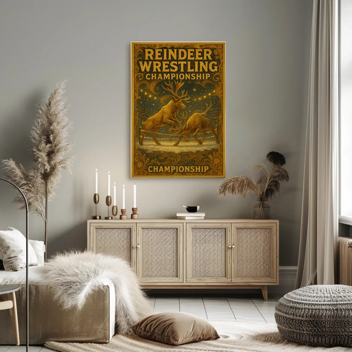 Reindeer Wrestling Vintage Fantasy Mythology Poster