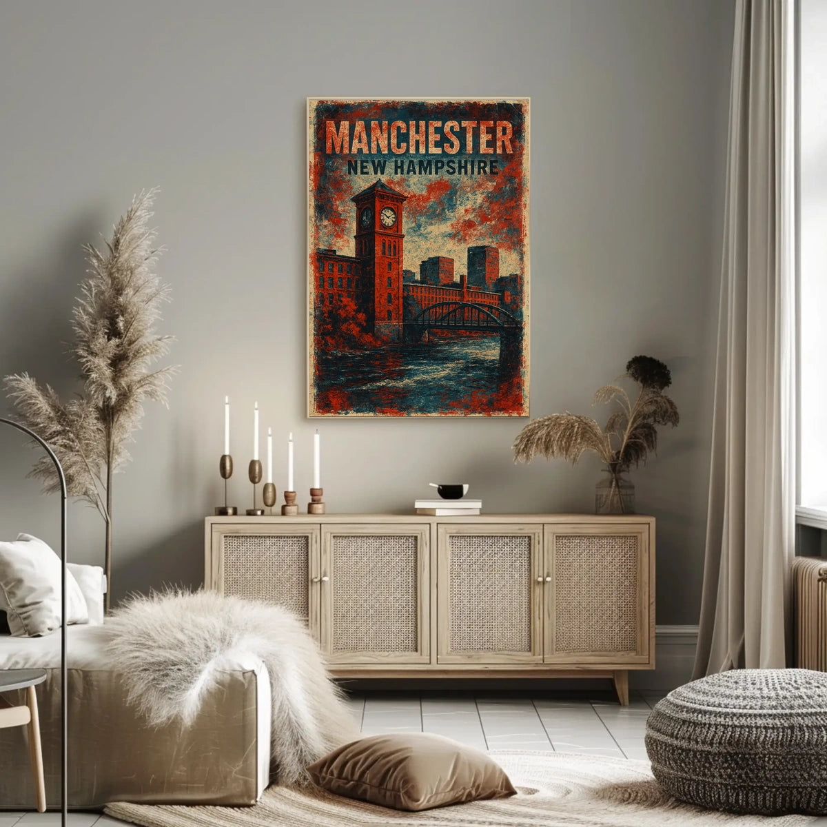 Manchester Clock Tower River Scene Vintage Nostalgic Poster