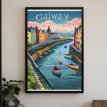 Galway Harbor Boats Colorful Sunset Travel Poster