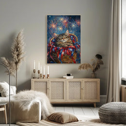 Brown Tabby Cat In Basket With Fireworks Flag Poster