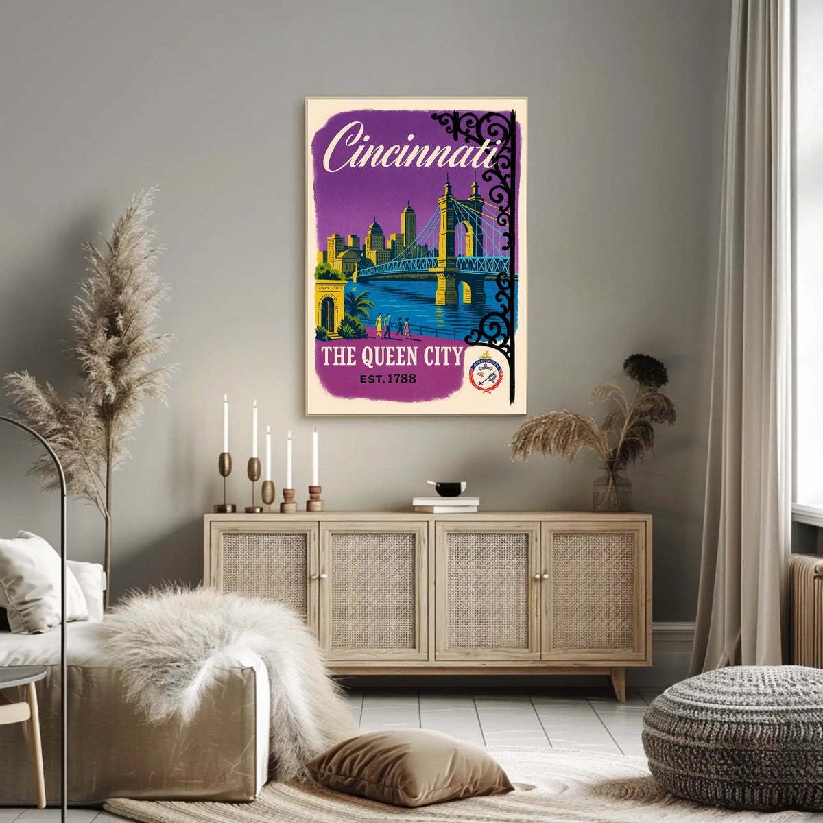 Cincinnati The Queen City Vintage Illustration Bridge Poster