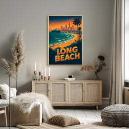 Long Beach Sunset Retro Travel Poster