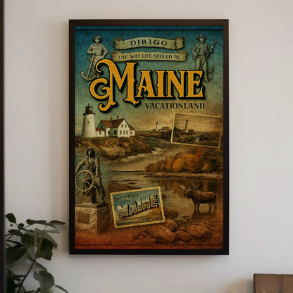 Maine Vacationland Vintage Postcard Style Travel Poster