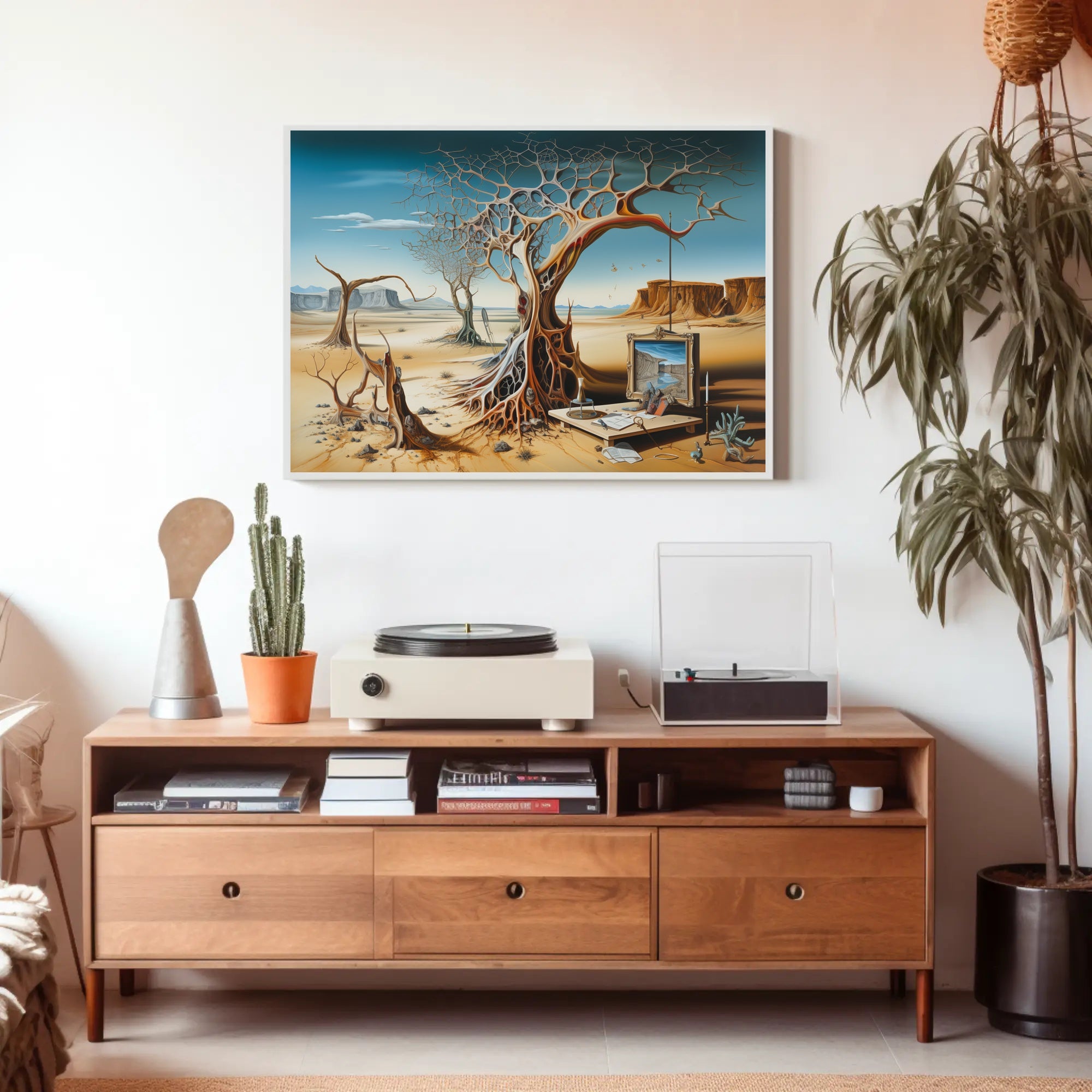 Surreal Desert Artwork with Abstract Tree: Artistic Poster
