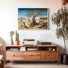 Surreal Desert Artwork with Abstract Tree: Artistic Poster