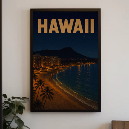 Hawaii Coastline At Night With Hotels Travel Poster