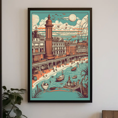 Beachfront Promenade Pier Boats Skyline Bathers Travel Poster