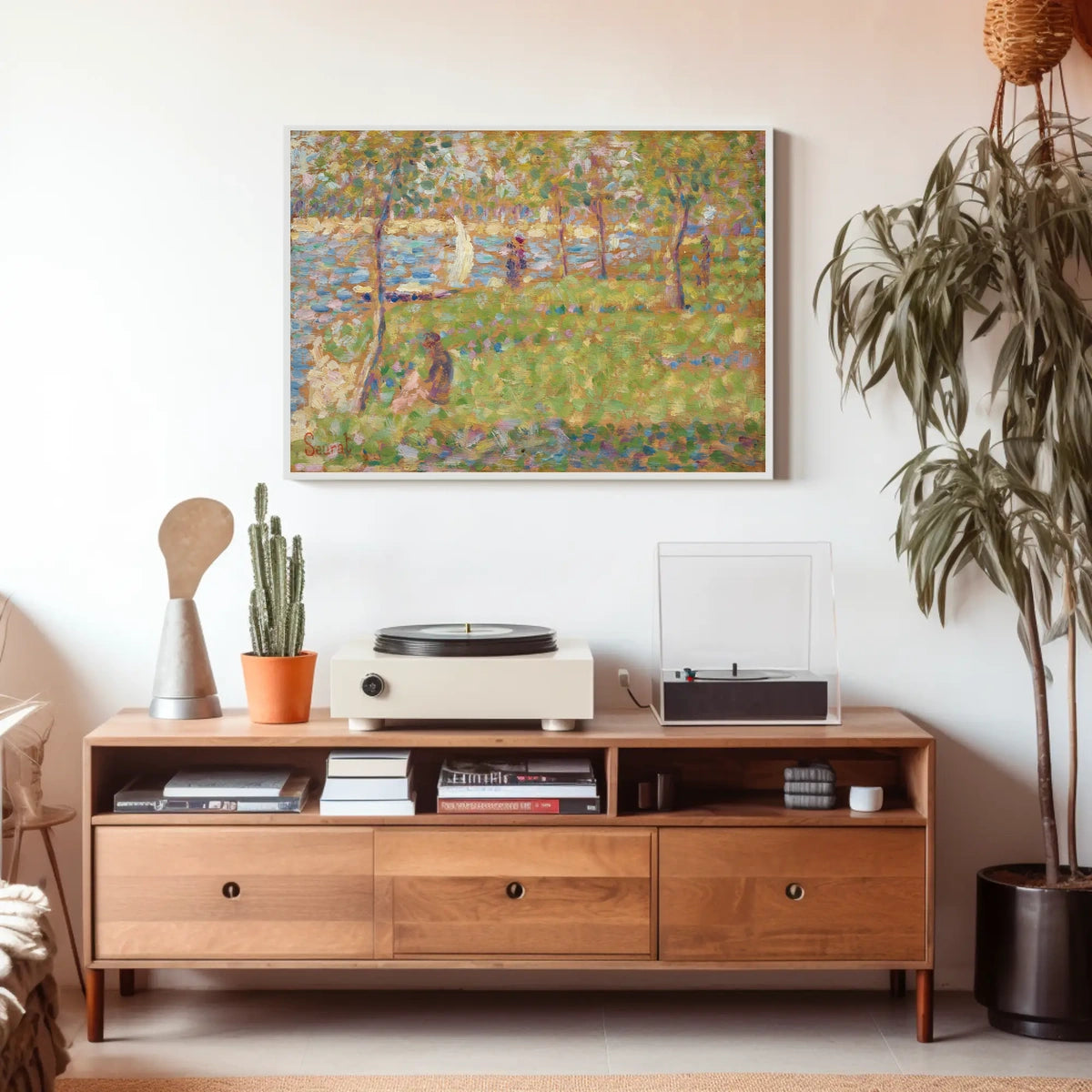 Serene Park Riverscape in Pointillist Style Artistic Poster