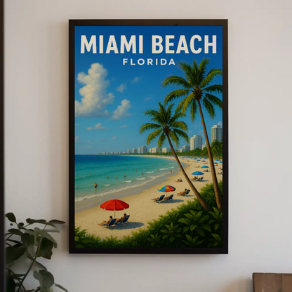 Miami Beach Florida Coastline Umbrellas Hotel Skyline Poster