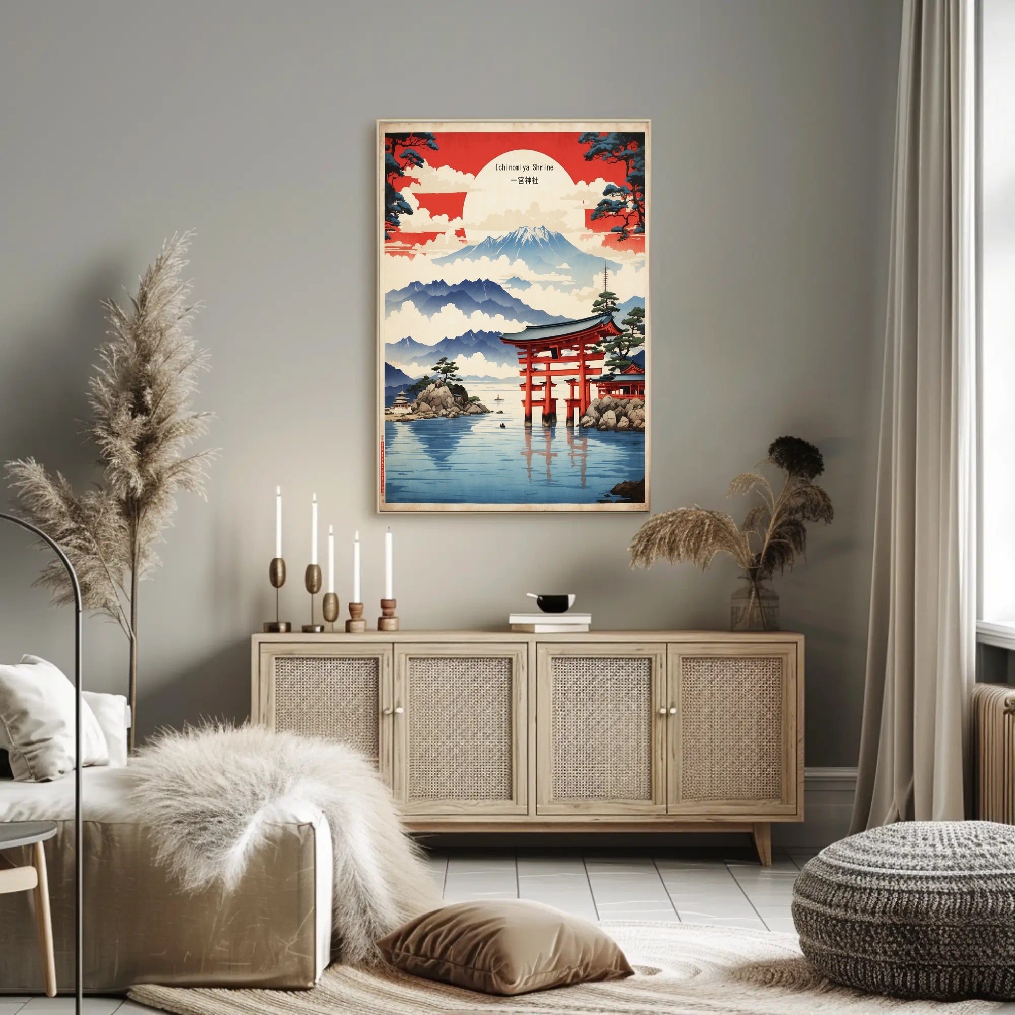 Serene Japanese Landscape with Iconic Torii Gate Poster