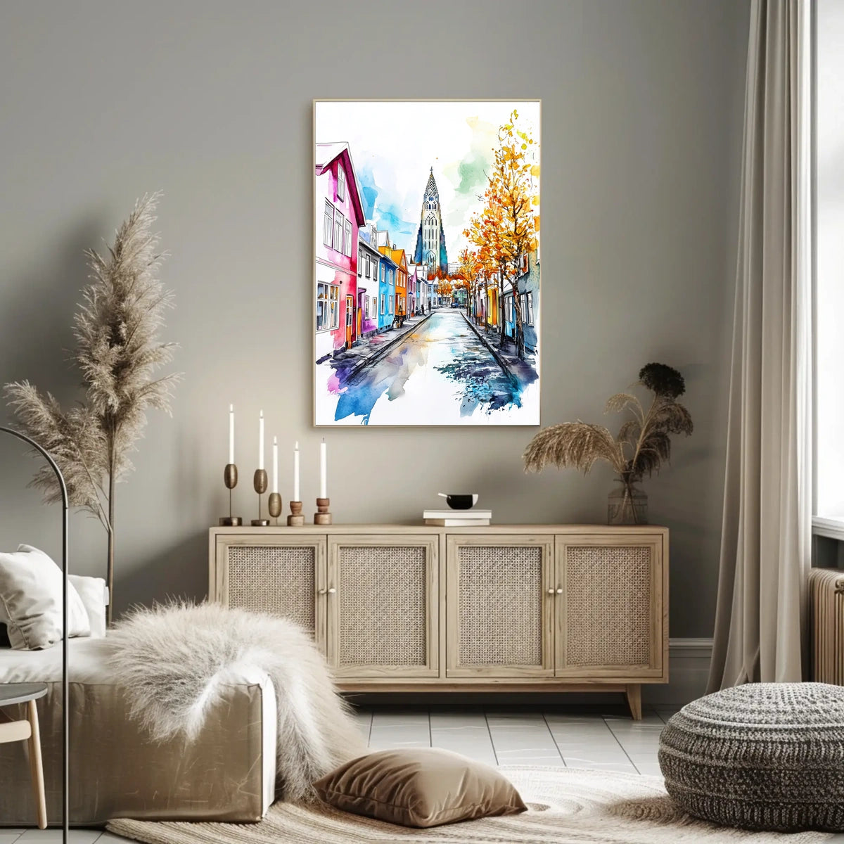 Iceland Reykjavik Colorful Street and Hallgrimskirkja Poster