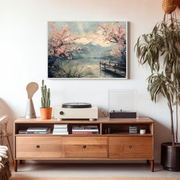 Serene Cherry Blossom Lake: Japanese Impressionist Poster