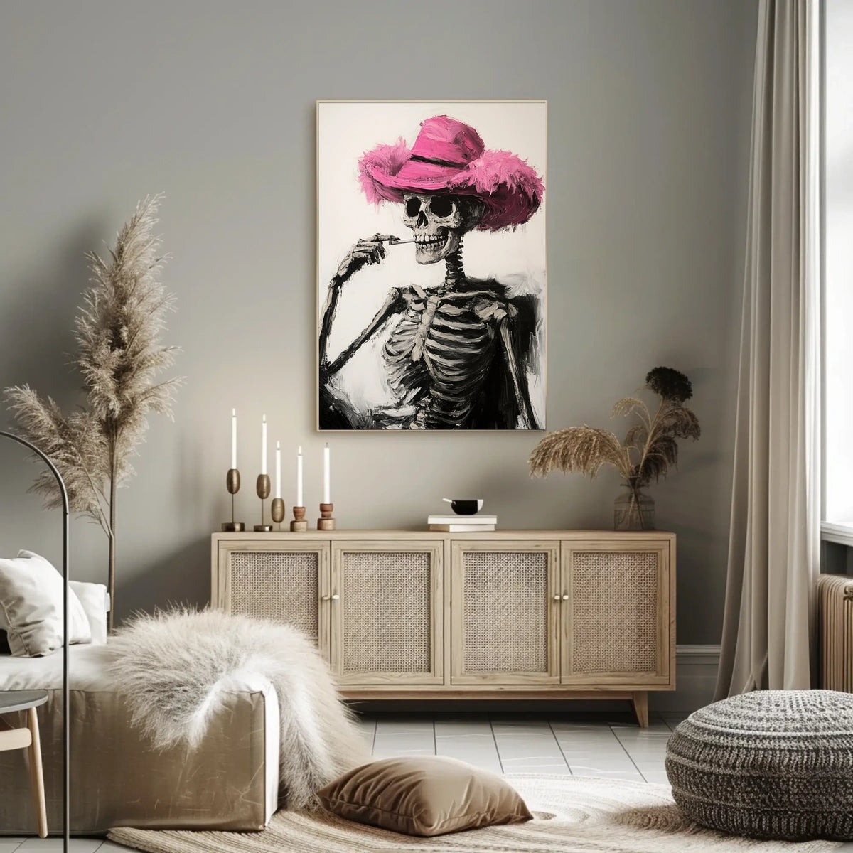 Skeleton in Pink Hat Macabre Whimsical Painterly Poster