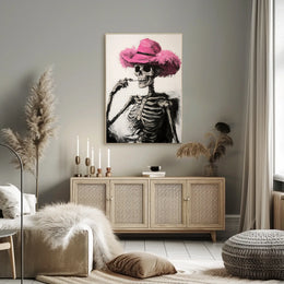 Skeleton in Pink Hat Macabre Whimsical Painterly Poster