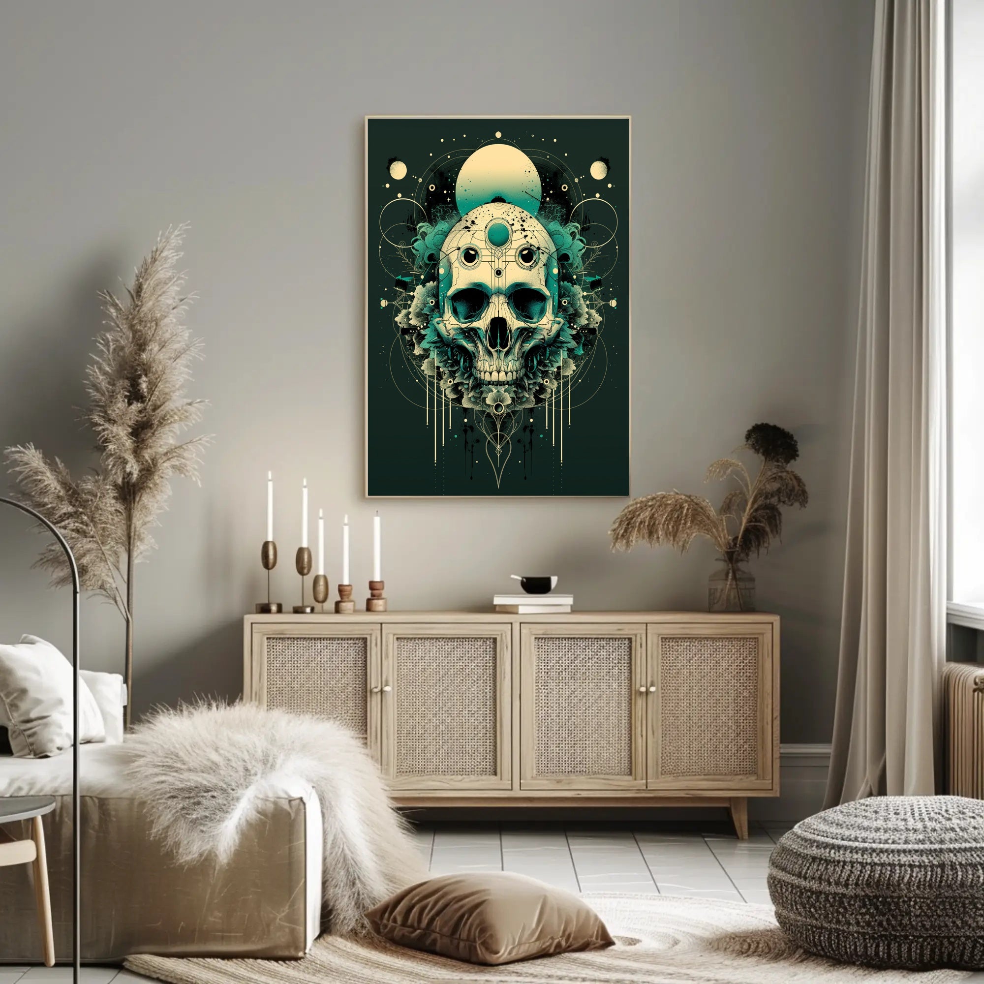 Skull Fusion with Cosmic Patterns Fantasy or Mythology Poster PosterGoat