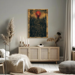 Surreal Dystopian Cityscape with Red Sun Artistic Poster PosterGoat
