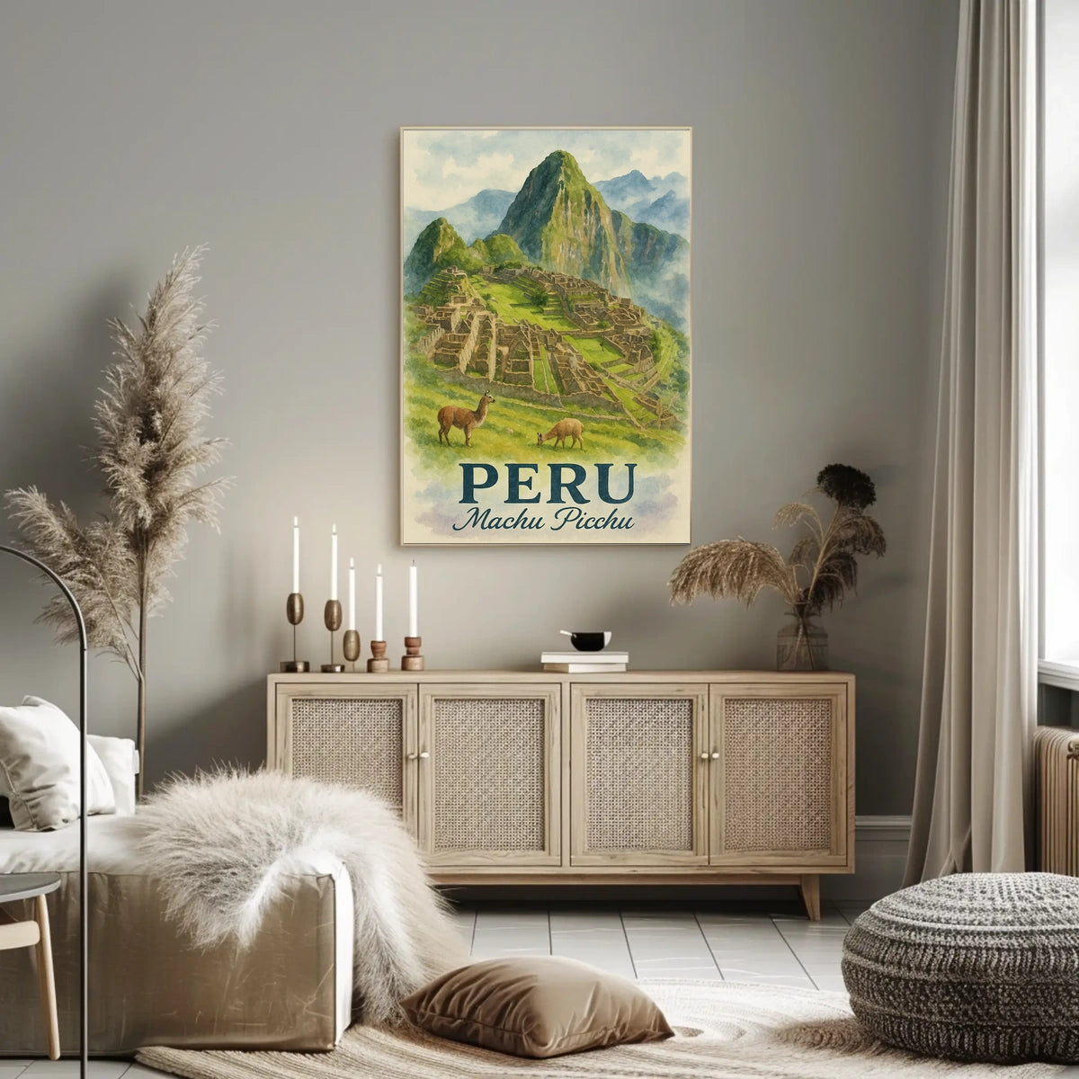 Machu Picchu Vintage Travel Poster with Llamas