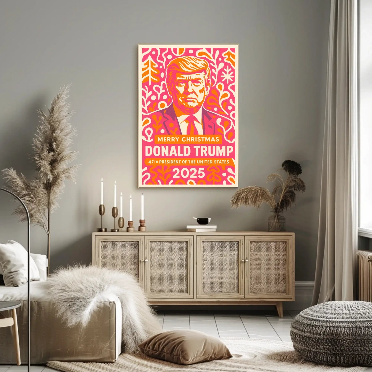 Vibrant Festive Portrait in Pink and Orange Pop Culture Poster