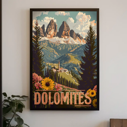 Dolomites Village Flower Meadow Travel Poster